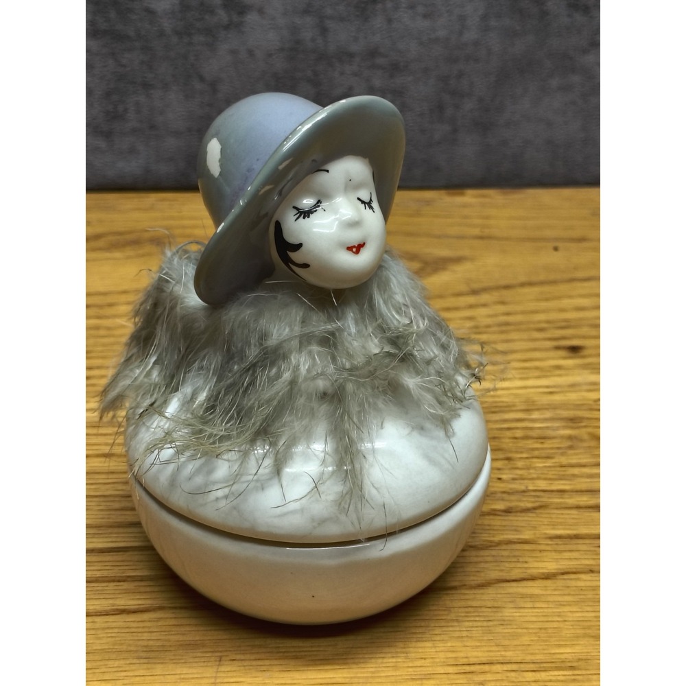 Vtg Porcelan Trinket Dresser Box Figural Flapper Lady w/Feather Boa Jewelry Jar